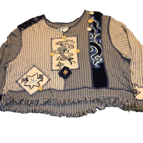 FAITH Tops - Vintage blue fish style cropped fringed long sleeve shirt handmade in Bali koi